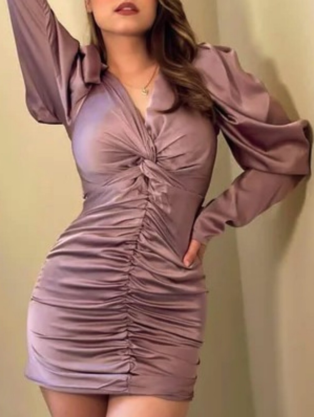 Do+Be Mauve Satin Ruched Long Sleeve Mini Dress Large Cocktail Bachelorette